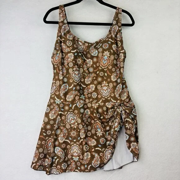 Eomenie One Piece Swimdress Swimsuit Size 2XL Tummy Control Brown Floral NWT - Picture 1 of 9